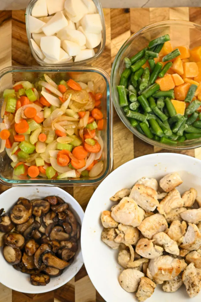 keto chicken stew ingredients prepped and ready to add to the stew pot