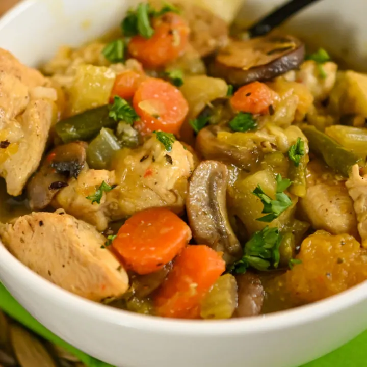 keto chicken stew served in a white bowl