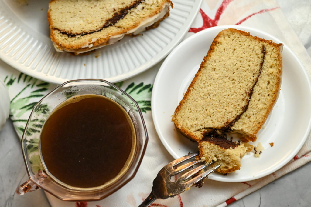 keto cinnamon swirl bread served with a cup of coffee