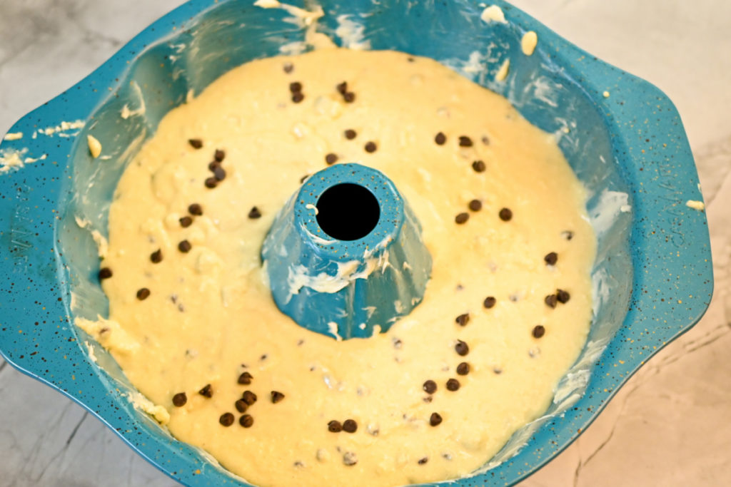 low-carb chocolate chip cake ready to be baked in a bundt pan