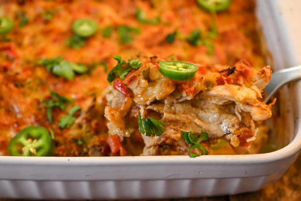 keto king ranch chicken casserole being served