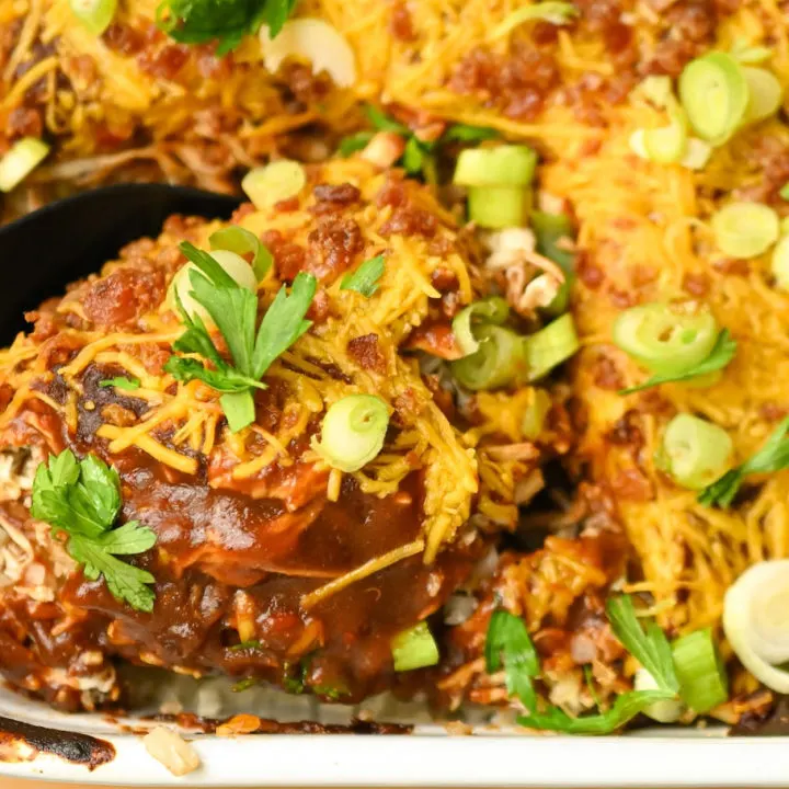 keto pulled pork casserole recipe card image