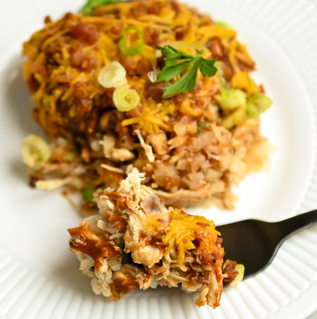 keto pulled pork casserole served on a white plate