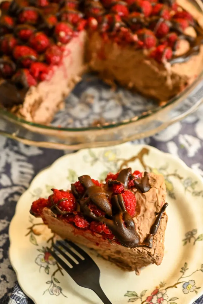 served keto no-bake raspberry chocolate icebox pie