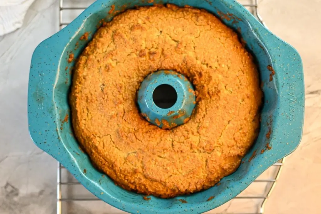 keto butter pecan cake baked in a bundt pan