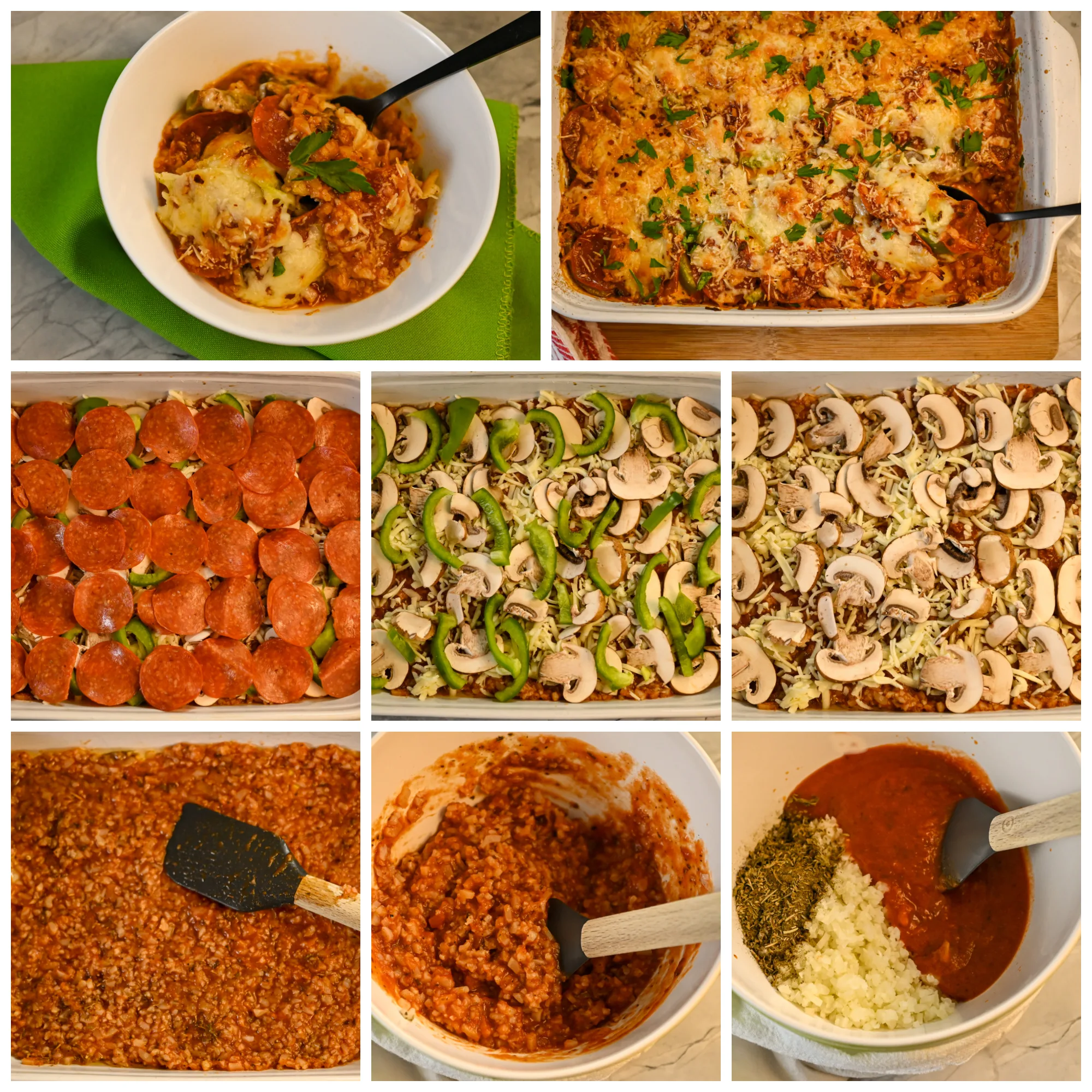 keto pizza casserole process pictures