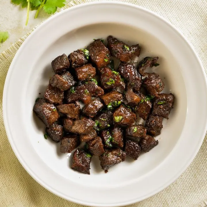 keto steak bites served on a white plate