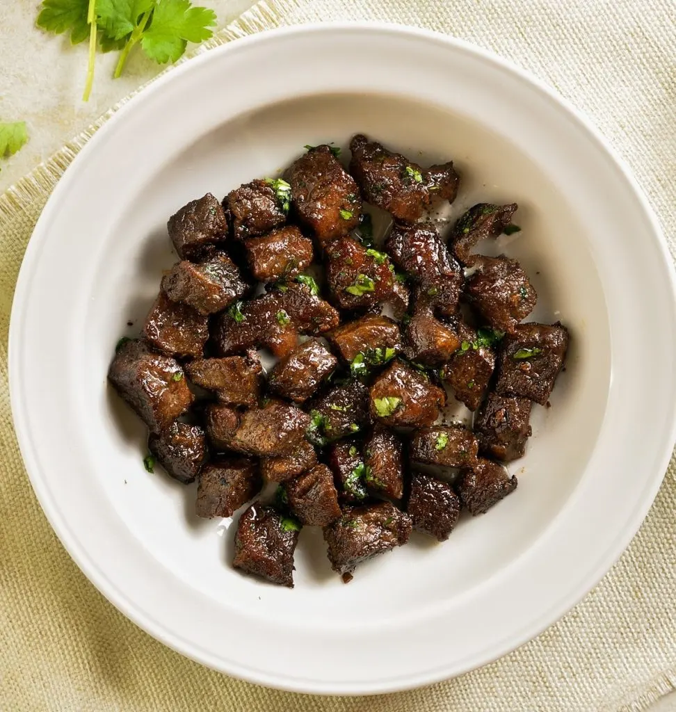 keto steak bites served on a white plate