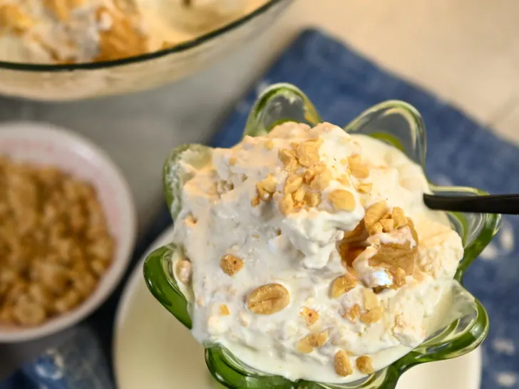 close up image of a keto peanut butter ice cream in a green cup