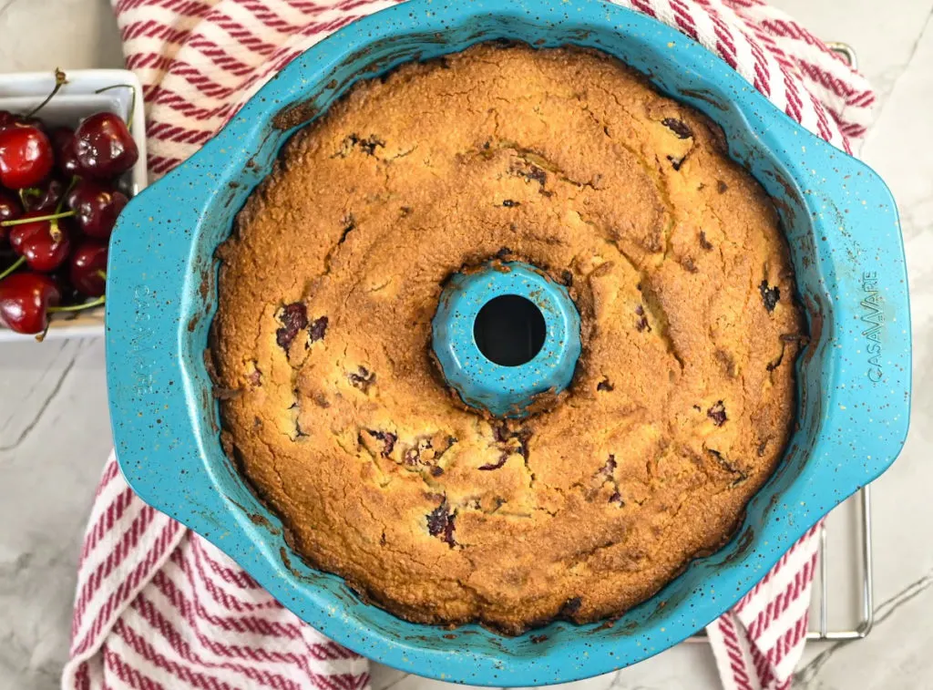 keto cherry cake baked in a bundt pan