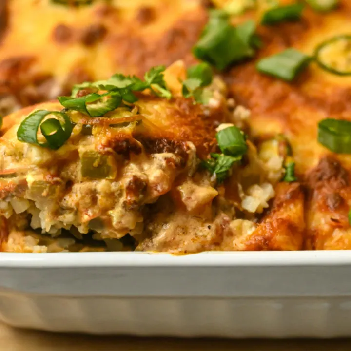 keto chicken enchilada cauliflower rice casserole featured image