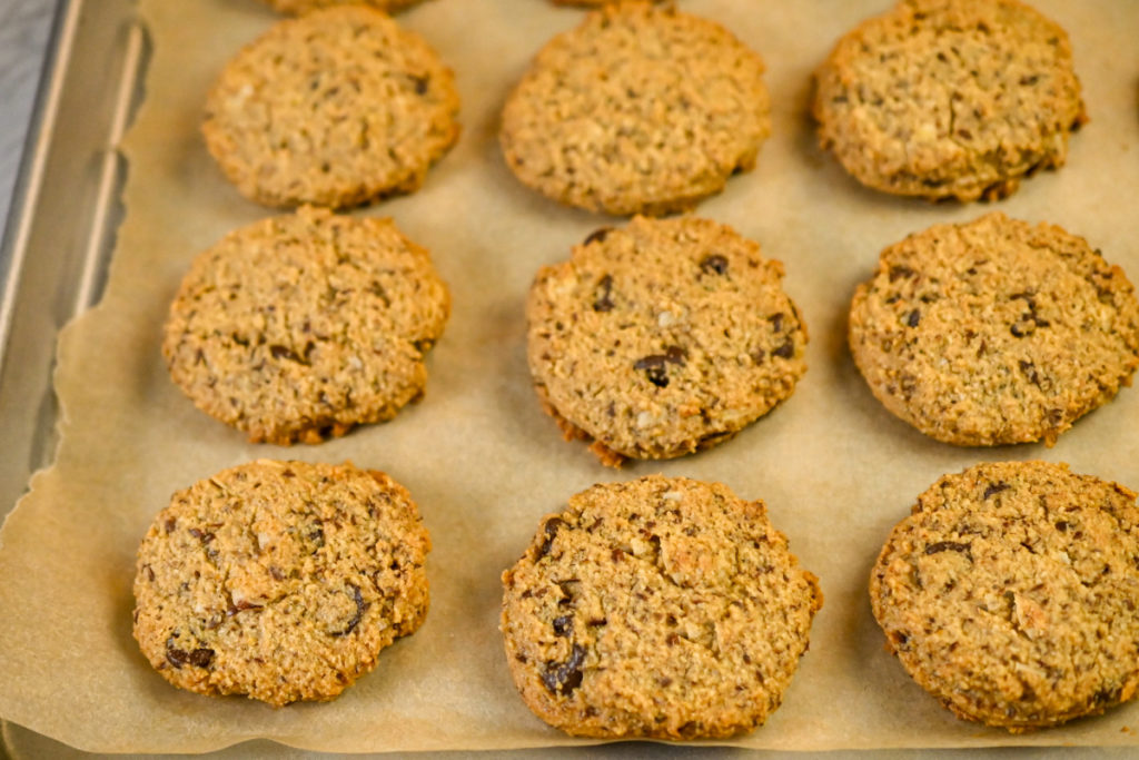 keto cowboy cookies baked and cooling