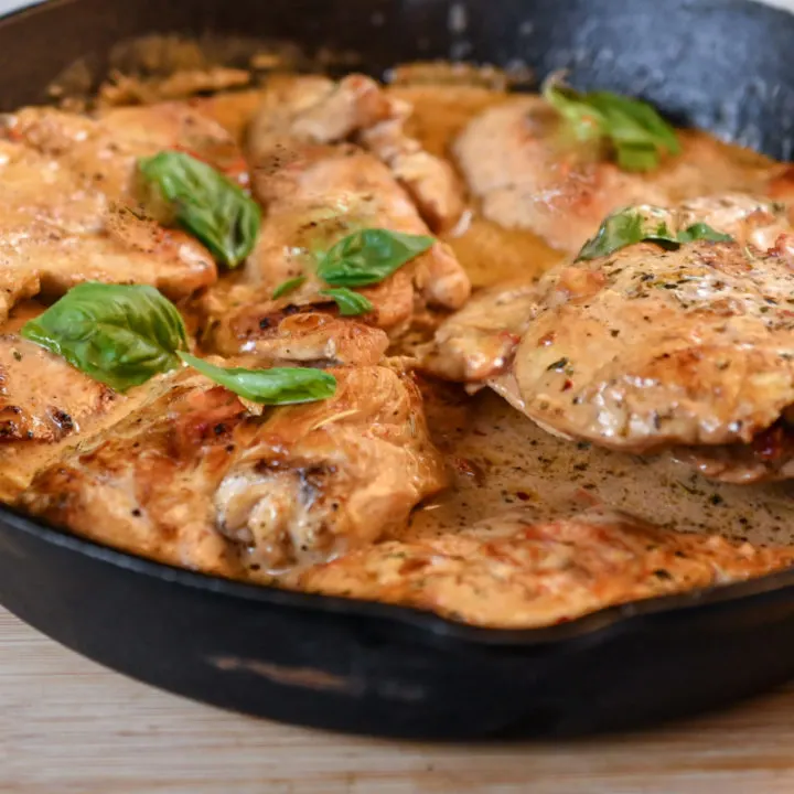 keto Boursin chicken in a cast-iron skillet