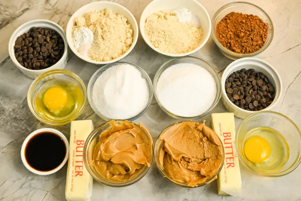 Ingredients for keto chocolate peanut butter cookies