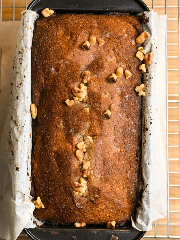 Keto spice bread cooking on a baking rack