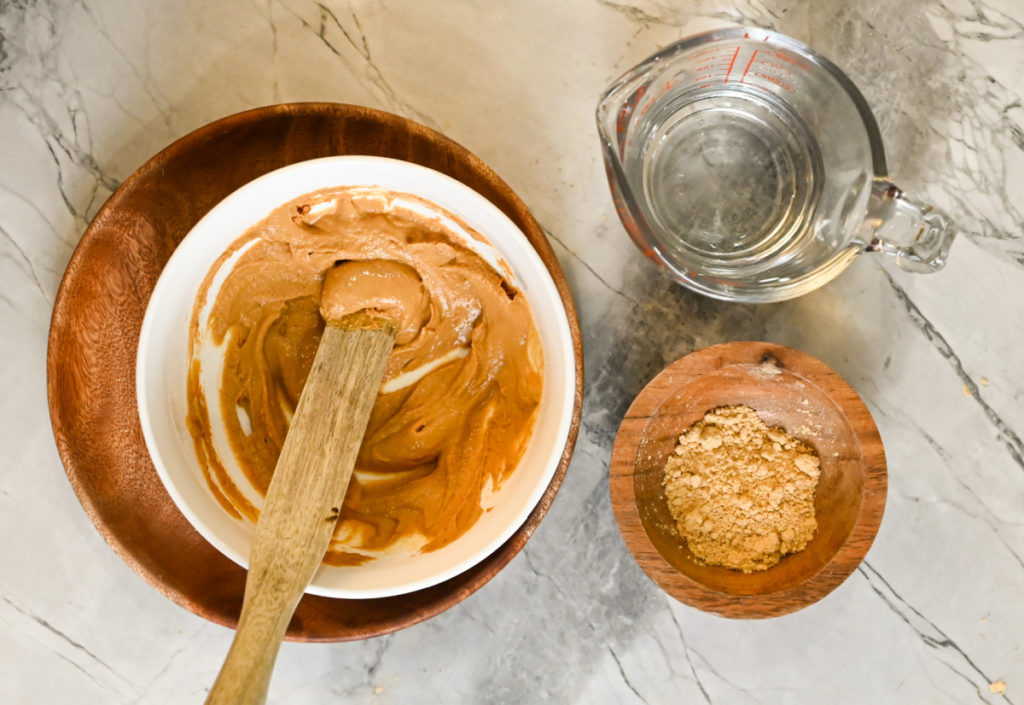 Peanut butter powder mixed with water to reconstitute