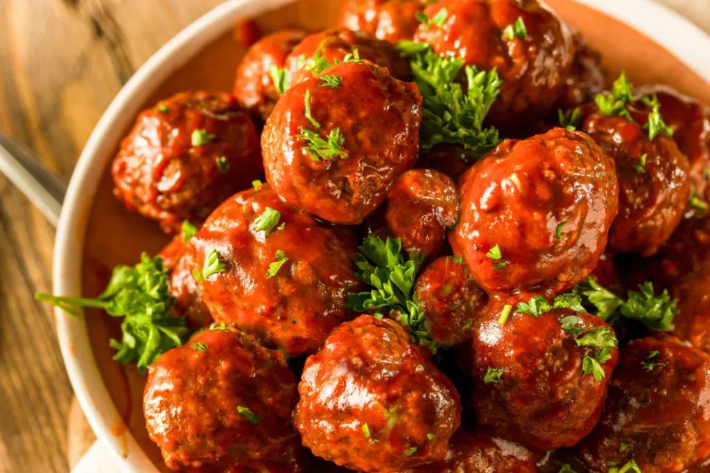 keto BBQ meatballs recipe card image