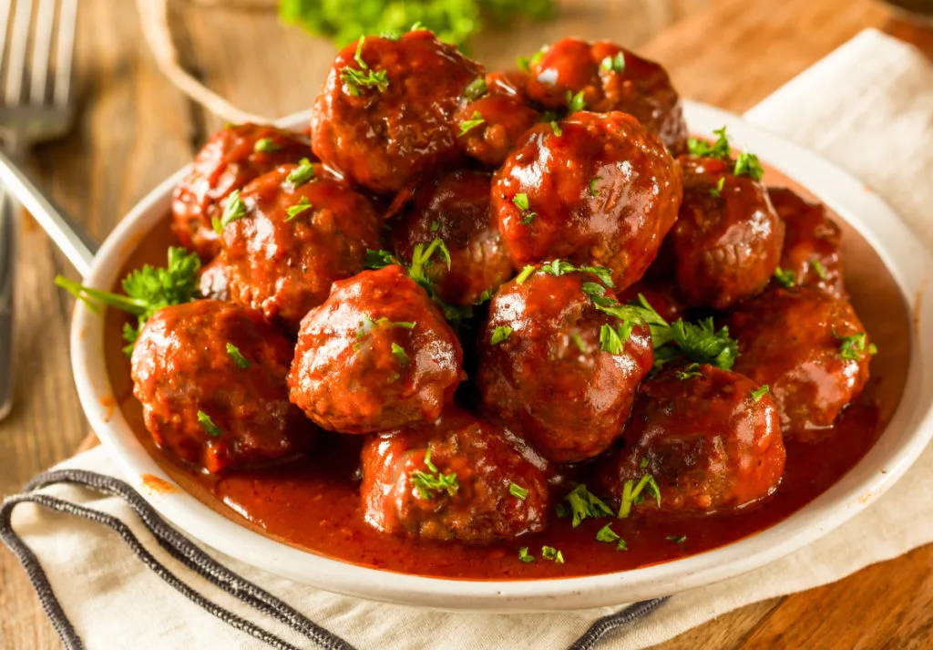 keto BBQ meatballs served in a shallow bowl