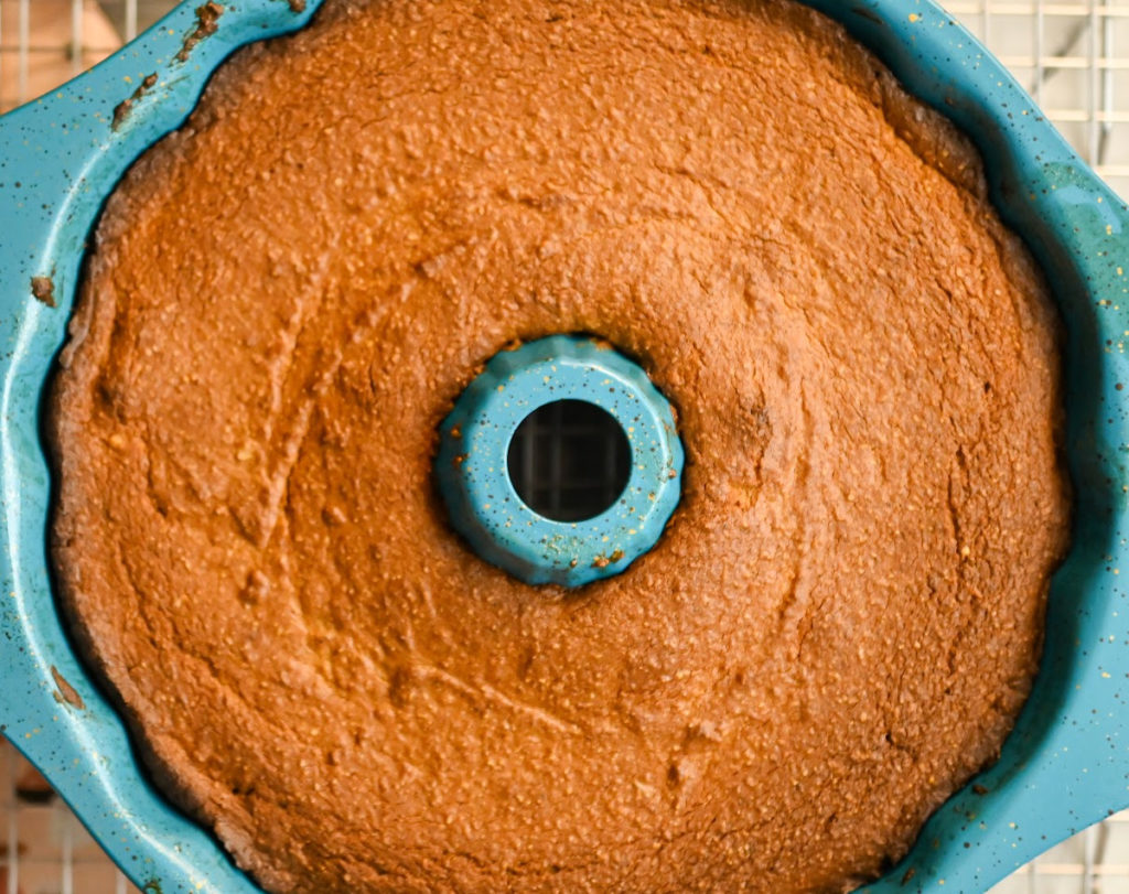 keto almond ricotta cake baked in a large bundt pan