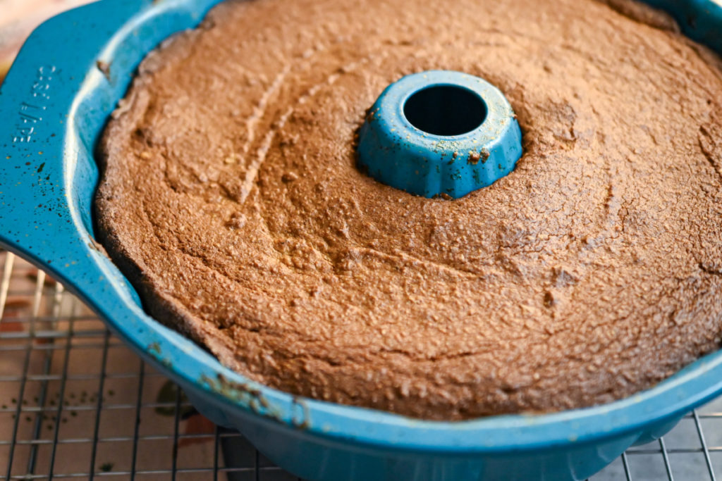 keto banana cake baked in a bundt pan