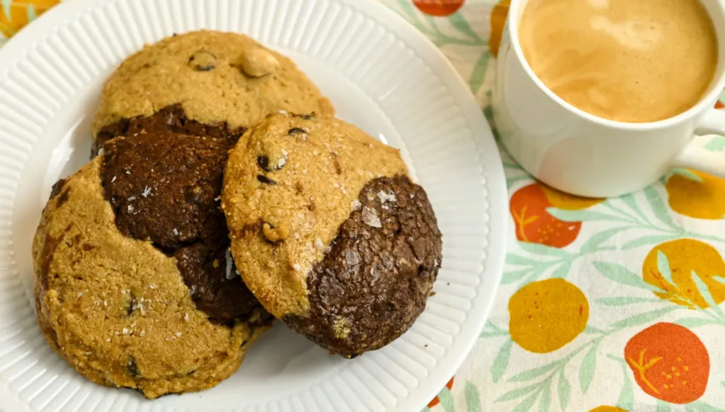 keto peanut butter chocolate cookies served on white plate