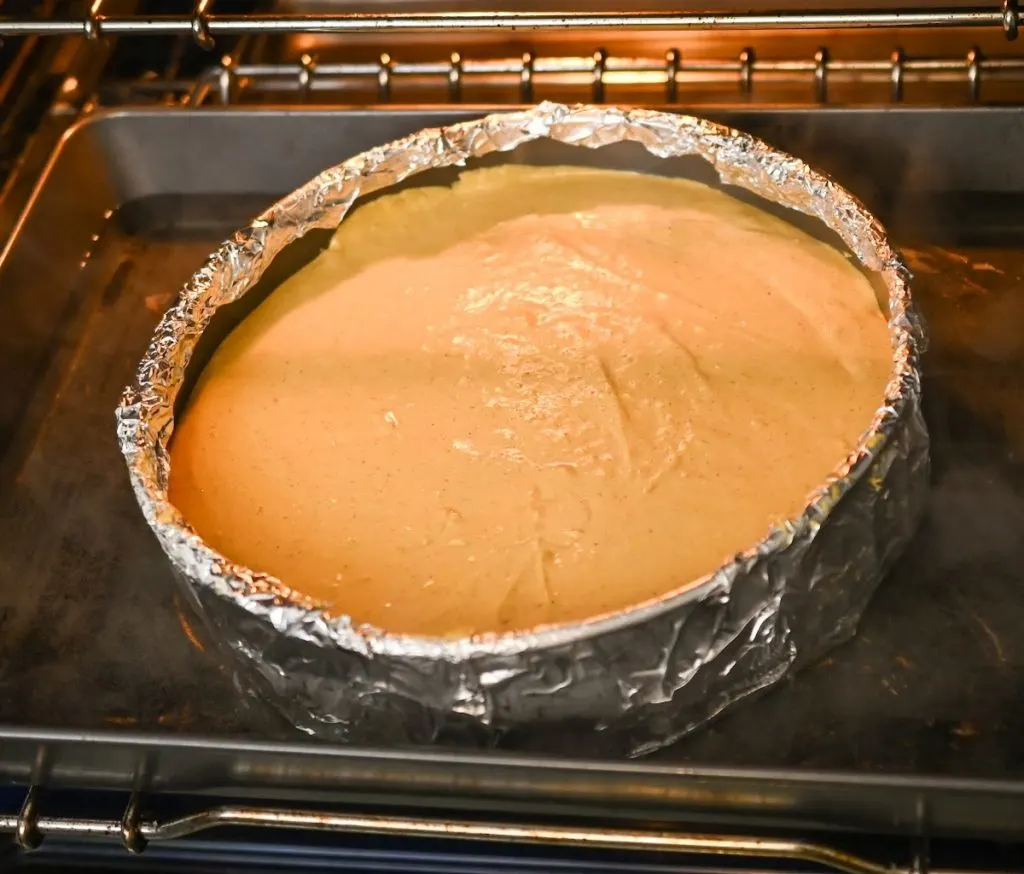 keto pumpkin cheesecake baked in a bain-marie