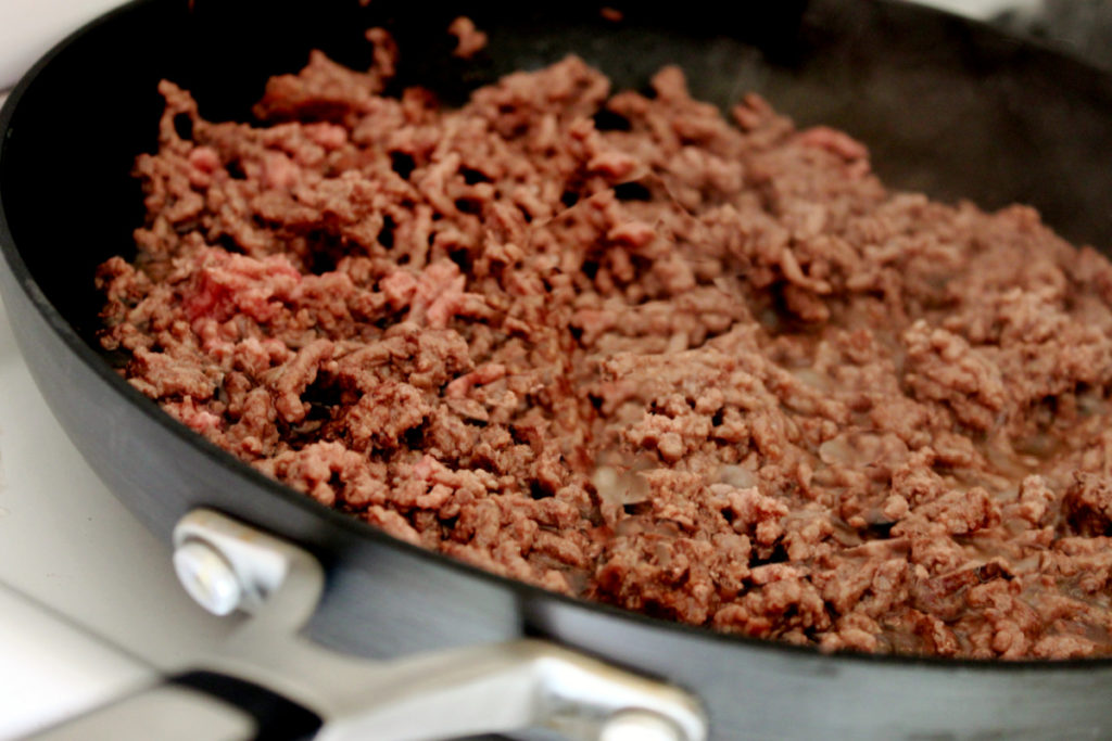ground beef cooked in a non-stick skillet