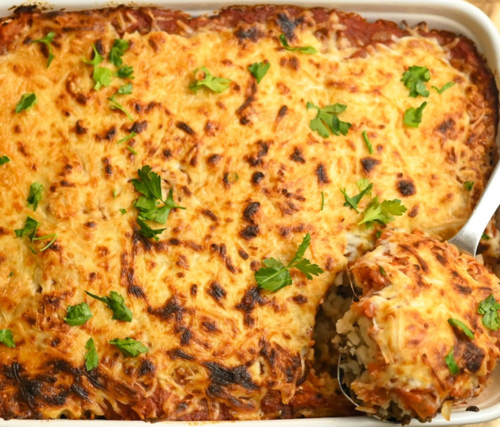 keto cheeseburger casserole in a baking dish