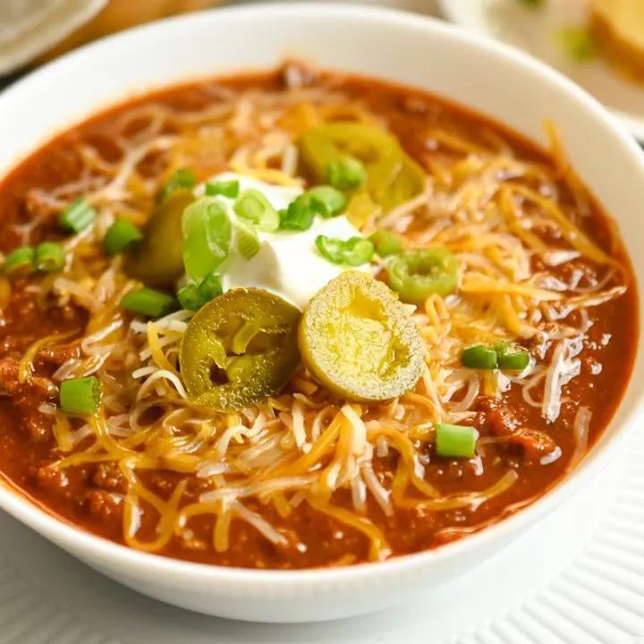 Easy low-carb turkey chili served in a white bowl