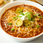Easy low-carb turkey chili served in a white bowl