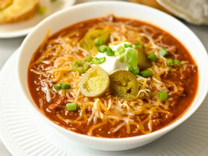 Easy low-carb turkey chili served in a white bowl