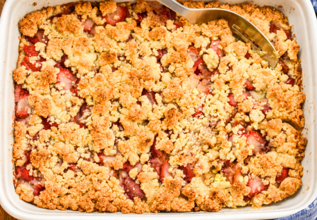 Low-carb strawberry cobbler being served