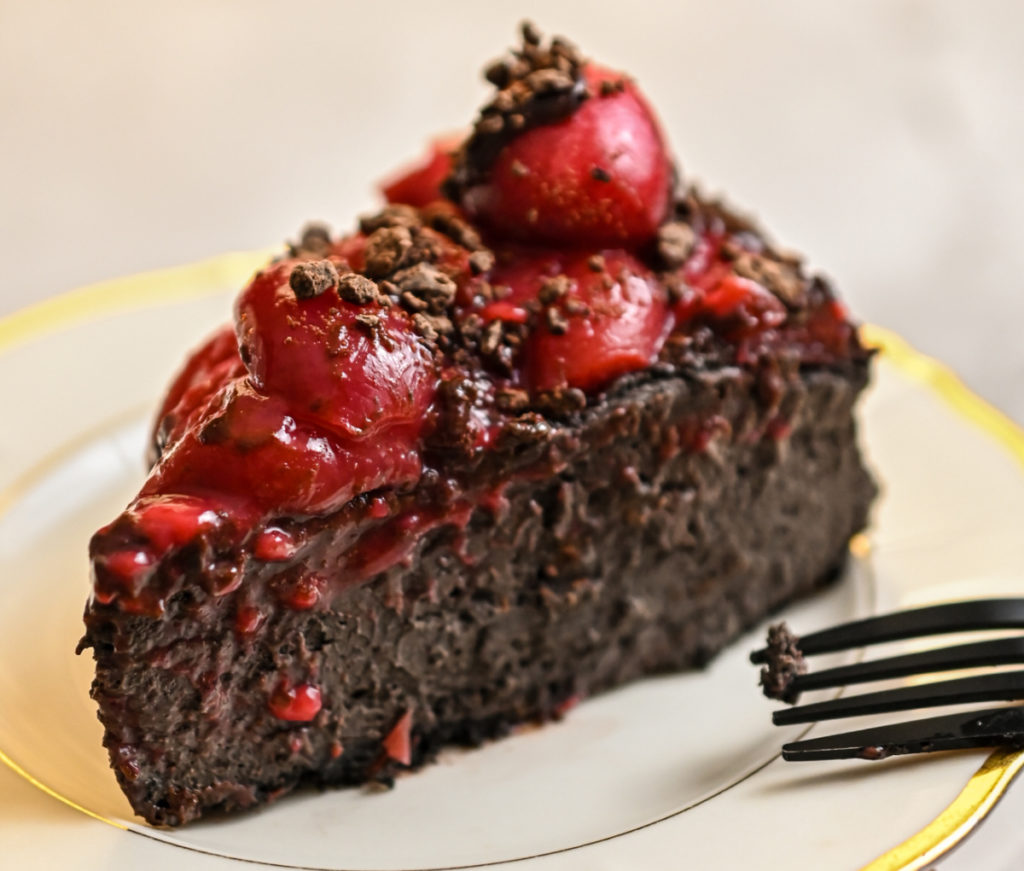 slice of keto black forest cheesecake