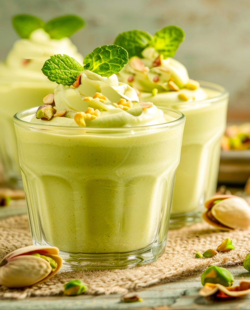 keto pistachio Watergate salad pipped into clear dessert dishes