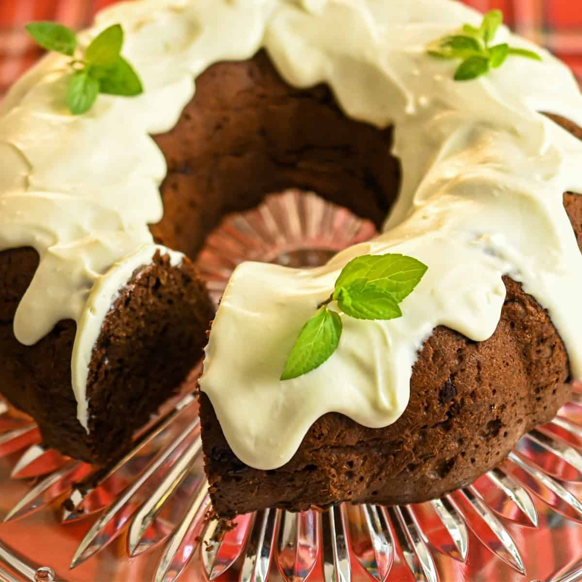 keto chocolate bundt cake with a slice missing 1200