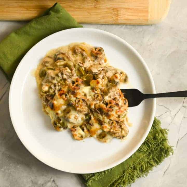 carnivore Philly cheesesteak casserole served