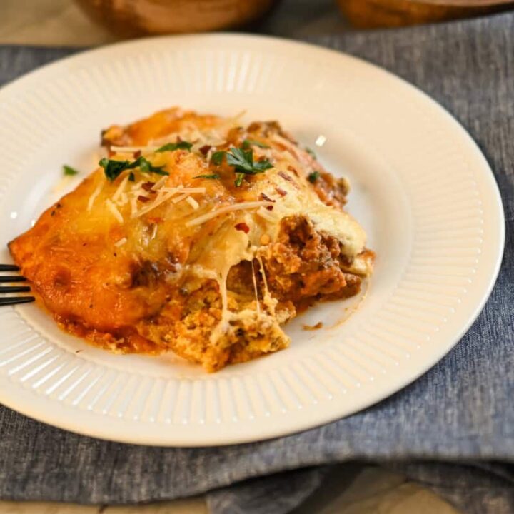 Keto Pink Lasagna, served on a white plate