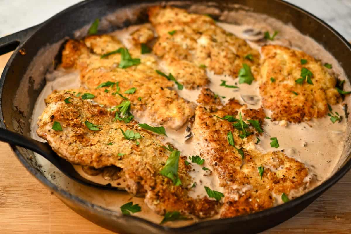 Keto creamy mustard mushroom chicken recipe card image