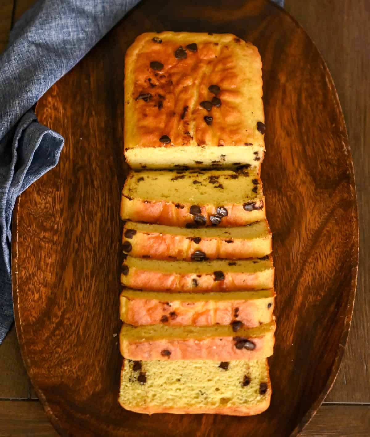 coconut flour keto chocolate chip pound cake sliced