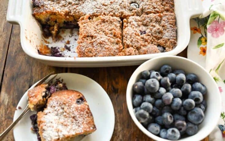 keto blueberry buckle cake sliced & served