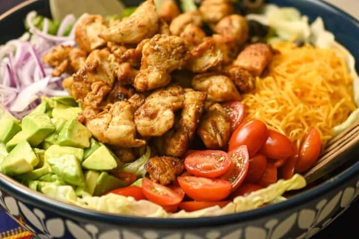 keto chicken taco salad served in a large salad bowl