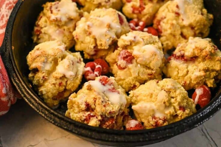 keto raspberry biscuits baked in a cast-iron skillet