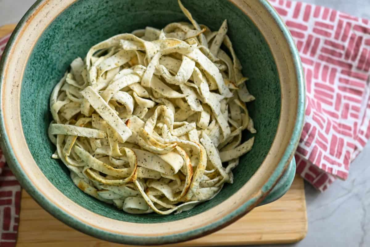 Egglife wraps cut into fettuccine and lightly toasted