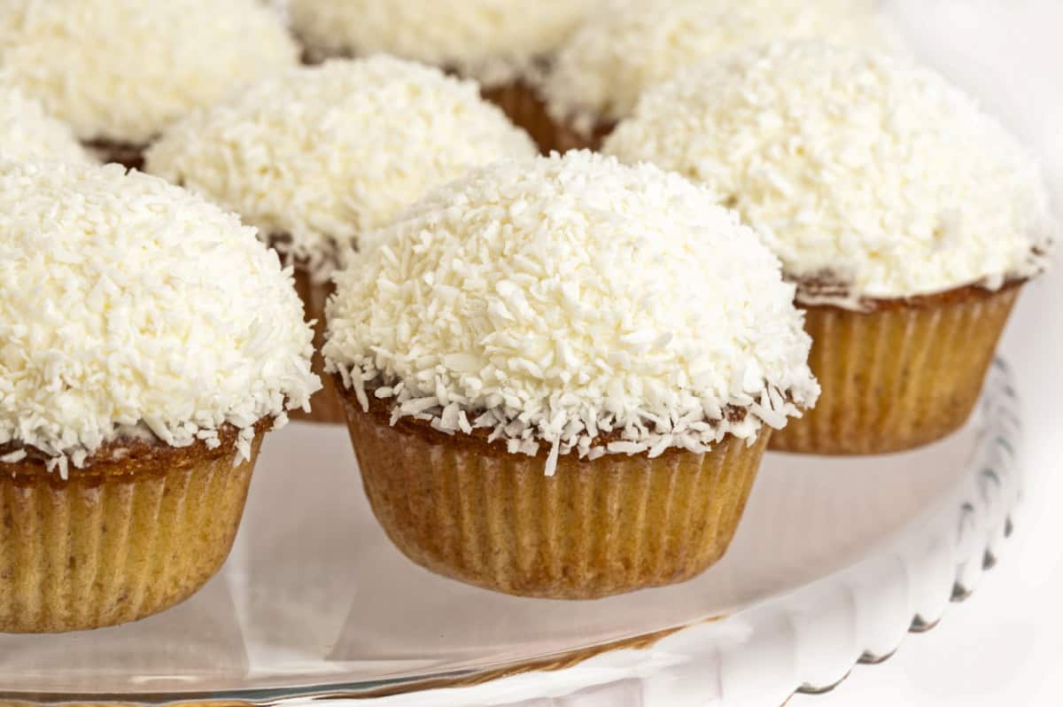 Keto Coconut Cupcakes With Cream Cheese Frosting and Coconut Flakes