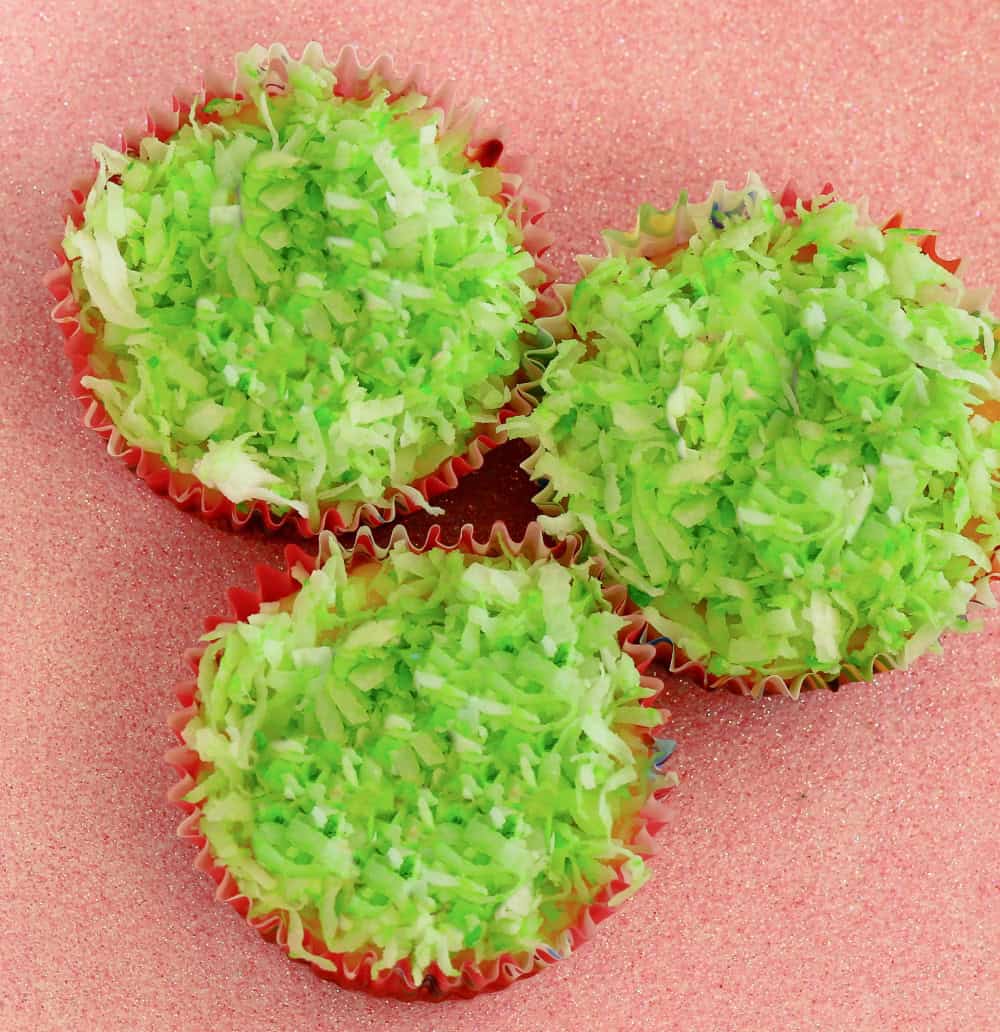 Keto Coconut Cupcakes With Green Tinted Coconut Flakes