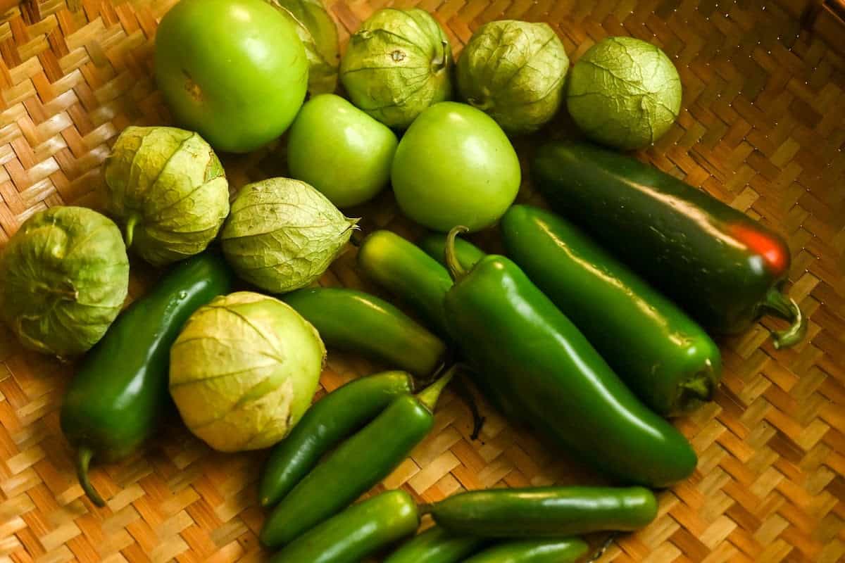 Tomatillos, Jalapeños, Serrano Peppers in a Basket